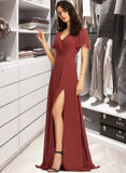 Haleigh A-Line V-neck Floor-Length Bridesmaid Dress With Split Front STIP0012856