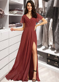 Haleigh A-Line V-neck Floor-Length Bridesmaid Dress With Split Front STIP0012856