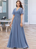 Kim A-line V-Neck Floor-Length Chiffon Bridesmaid Dress With Ruffle STIP0012857