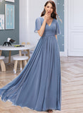 Kim A-line V-Neck Floor-Length Chiffon Bridesmaid Dress With Ruffle STIP0012857