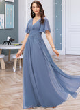 Kim A-line V-Neck Floor-Length Chiffon Bridesmaid Dress With Ruffle STIP0012857