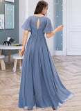 Kim A-line V-Neck Floor-Length Chiffon Bridesmaid Dress With Ruffle STIP0012857