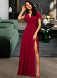 Hanna A-line V-Neck Floor-Length Chiffon Bridesmaid Dress STIP0012858