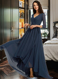 Ximena A-Line V-neck Asymmetrical Bridesmaid Dress With Pleated STIP0012859