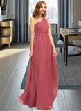 Sloane A-line One Shoulder Floor-Length Chiffon Bridesmaid Dress With Ruffle STIP0012860