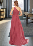 Sloane A-line One Shoulder Floor-Length Chiffon Bridesmaid Dress With Ruffle STIP0012860