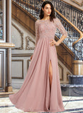 Ireland A-Line Scoop Neck Floor-Length Bridesmaid Dress With Split Front STIP0012865