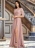 Ireland A-Line Scoop Neck Floor-Length Bridesmaid Dress With Split Front STIP0012865