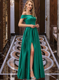 Audrina Ball-Gown/Princess Off-the-Shoulder Floor-Length Satin Bridesmaid Dress With Split Front Pockets STIP0012866