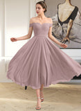 Heaven A-Line Off-the-Shoulder Tea-Length Chiffon Lace Bridesmaid Dress With Beading Sequins STIP0012867