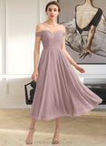 Heaven A-Line Off-the-Shoulder Tea-Length Chiffon Lace Bridesmaid Dress With Beading Sequins STIP0012867