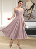 Heaven A-Line Off-the-Shoulder Tea-Length Chiffon Lace Bridesmaid Dress With Beading Sequins STIP0012867