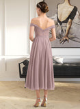 Heaven A-Line Off-the-Shoulder Tea-Length Chiffon Lace Bridesmaid Dress With Beading Sequins STIP0012867