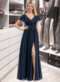 Lindsey A-Line V-neck Floor-Length Chiffon Bridesmaid Dress With Bow(s) Split Front Cascading Ruffles STIP0012868