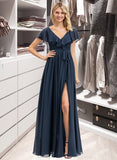 Lindsey A-Line V-neck Floor-Length Chiffon Bridesmaid Dress With Bow(s) Split Front Cascading Ruffles STIP0012868