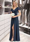 Lindsey A-Line V-neck Floor-Length Chiffon Bridesmaid Dress With Bow(s) Split Front Cascading Ruffles STIP0012868