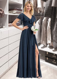 Lindsey A-Line V-neck Floor-Length Chiffon Bridesmaid Dress With Bow(s) Split Front Cascading Ruffles STIP0012868