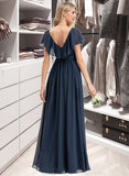 Lindsey A-Line V-neck Floor-Length Chiffon Bridesmaid Dress With Bow(s) Split Front Cascading Ruffles STIP0012868