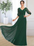 Savanah A-Line V-neck Floor-Length Bridesmaid Dress With Ruffle STIP0012870