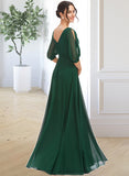 Savanah A-Line V-neck Floor-Length Bridesmaid Dress With Ruffle STIP0012870