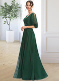 Savanah A-Line V-neck Floor-Length Bridesmaid Dress With Ruffle STIP0012870