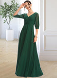 Savanah A-Line V-neck Floor-Length Bridesmaid Dress With Ruffle STIP0012870