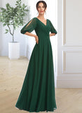 Savanah A-Line V-neck Floor-Length Bridesmaid Dress With Ruffle STIP0012870