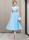 Undine A-Line V-neck Tea-Length Chiffon Bridesmaid Dress With Ruffle STIP0012871