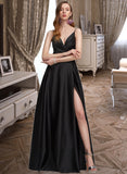 Iliana A-Line V-neck Floor-Length Satin Bridesmaid Dress With Ruffle Split Front STIP0012872