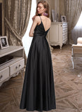 Iliana A-Line V-neck Floor-Length Satin Bridesmaid Dress With Ruffle Split Front STIP0012872