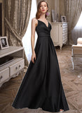 Iliana A-Line V-neck Floor-Length Satin Bridesmaid Dress With Ruffle Split Front STIP0012872