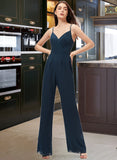 Jayla Jumpsuit/Pantsuit V-Neck Floor-Length Chiffon Bridesmaid Dress With Ruffle STIP0012877