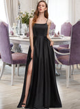 Mercedes A-Line Square Neckline Floor-Length Satin Bridesmaid Dress With Split Front Pockets STIP0012879