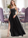 Mercedes A-Line Square Neckline Floor-Length Satin Bridesmaid Dress With Split Front Pockets STIP0012879