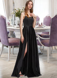 Mercedes A-Line Square Neckline Floor-Length Satin Bridesmaid Dress With Split Front Pockets STIP0012879