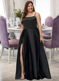 Mercedes A-Line Square Neckline Floor-Length Satin Bridesmaid Dress With Split Front Pockets STIP0012879