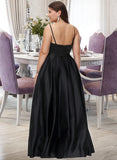 Mercedes A-Line Square Neckline Floor-Length Satin Bridesmaid Dress With Split Front Pockets STIP0012879