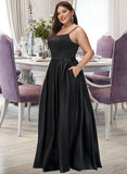 Mercedes A-Line Square Neckline Floor-Length Satin Bridesmaid Dress With Split Front Pockets STIP0012879