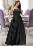 Mercedes A-Line Square Neckline Floor-Length Satin Bridesmaid Dress With Split Front Pockets STIP0012879