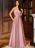 Delilah Ball-Gown/Princess V-neck Floor-Length Satin Bridesmaid Dress With Pockets STIP0012880