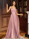 Delilah Ball-Gown/Princess V-neck Floor-Length Satin Bridesmaid Dress With Pockets STIP0012880