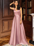 Delilah Ball-Gown/Princess V-neck Floor-Length Satin Bridesmaid Dress With Pockets STIP0012880