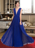 Kailey A-Line V-neck Floor-Length Chiffon Bridesmaid Dress With Bow(s) Pleated STIP0012882