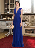 Kailey A-Line V-neck Floor-Length Chiffon Bridesmaid Dress With Bow(s) Pleated STIP0012882