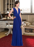 Kailey A-Line V-neck Floor-Length Chiffon Bridesmaid Dress With Bow(s) Pleated STIP0012882