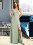 Liz A-Line V-neck Floor-Length Bridesmaid Dress With Split Front STIP0012883