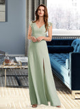 Liz A-Line V-neck Floor-Length Bridesmaid Dress With Split Front STIP0012883