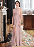 Kiana A-Line Scoop Neck Floor-Length Chiffon Bridesmaid Dress With Ruffle Bow(s) Split Front STIP0012886