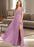 Piper A-Line V-neck Floor-Length Chiffon Bridesmaid Dress With Split Front STIP0012890