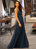 Kaiya A-Line V-neck Floor-Length Chiffon Bridesmaid Dress With Ruffle STIP0012891